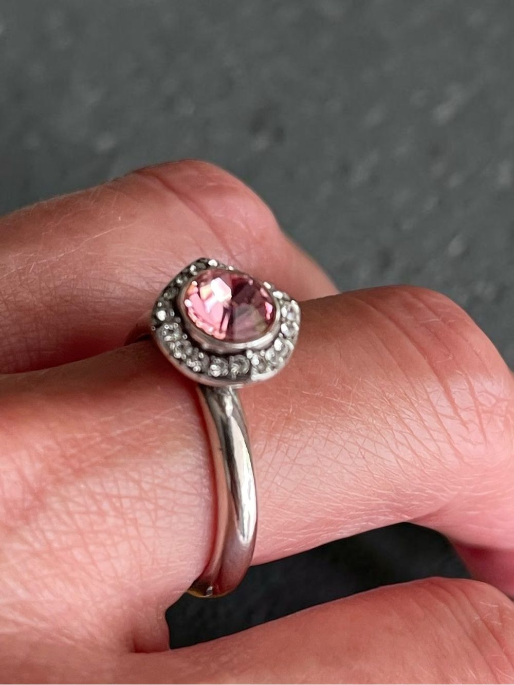 Brighton Pink Crystal Halo Silver Tone Scrollwork Ring Size 8.5